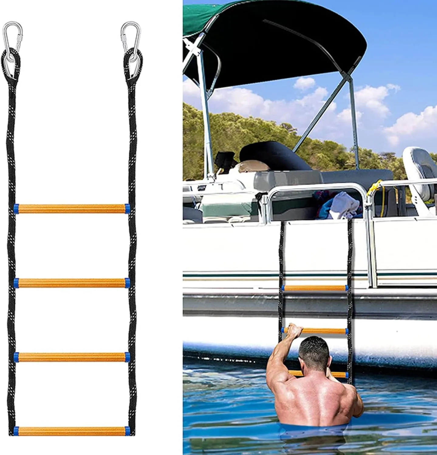 Boat Rope Ladder, 4-Steps Heavy Duty Climbing Rope,Rigid Resin Step Design,Outdoor Ladder for Inflatable Boat, Kayak, Motorboat