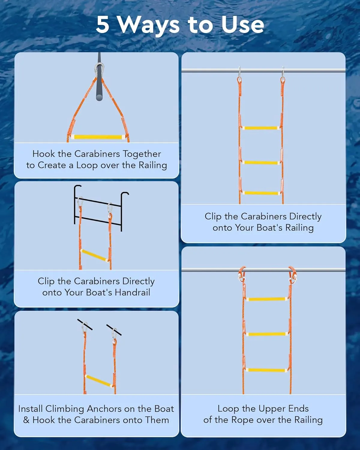 Boat Rope Ladder, 5 Step - Heavy-Duty Polyester with 400Lbs Max Load, 14mm Reinforced Line & Sturdy Resin Steps - Perfect for Inflatables, Kayaks, Motorboats & Canoeing-Outdoor Water Sports Accessory
