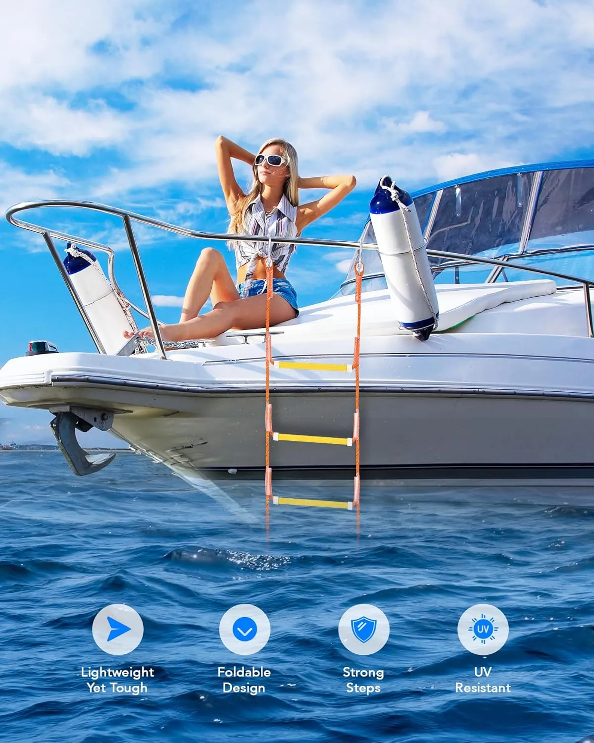 Boat Rope Ladder, 5 Step - Heavy-Duty Polyester with 400Lbs Max Load, 14mm Reinforced Line & Sturdy Resin Steps - Perfect for Inflatables, Kayaks, Motorboats & Canoeing-Outdoor Water Sports Accessory