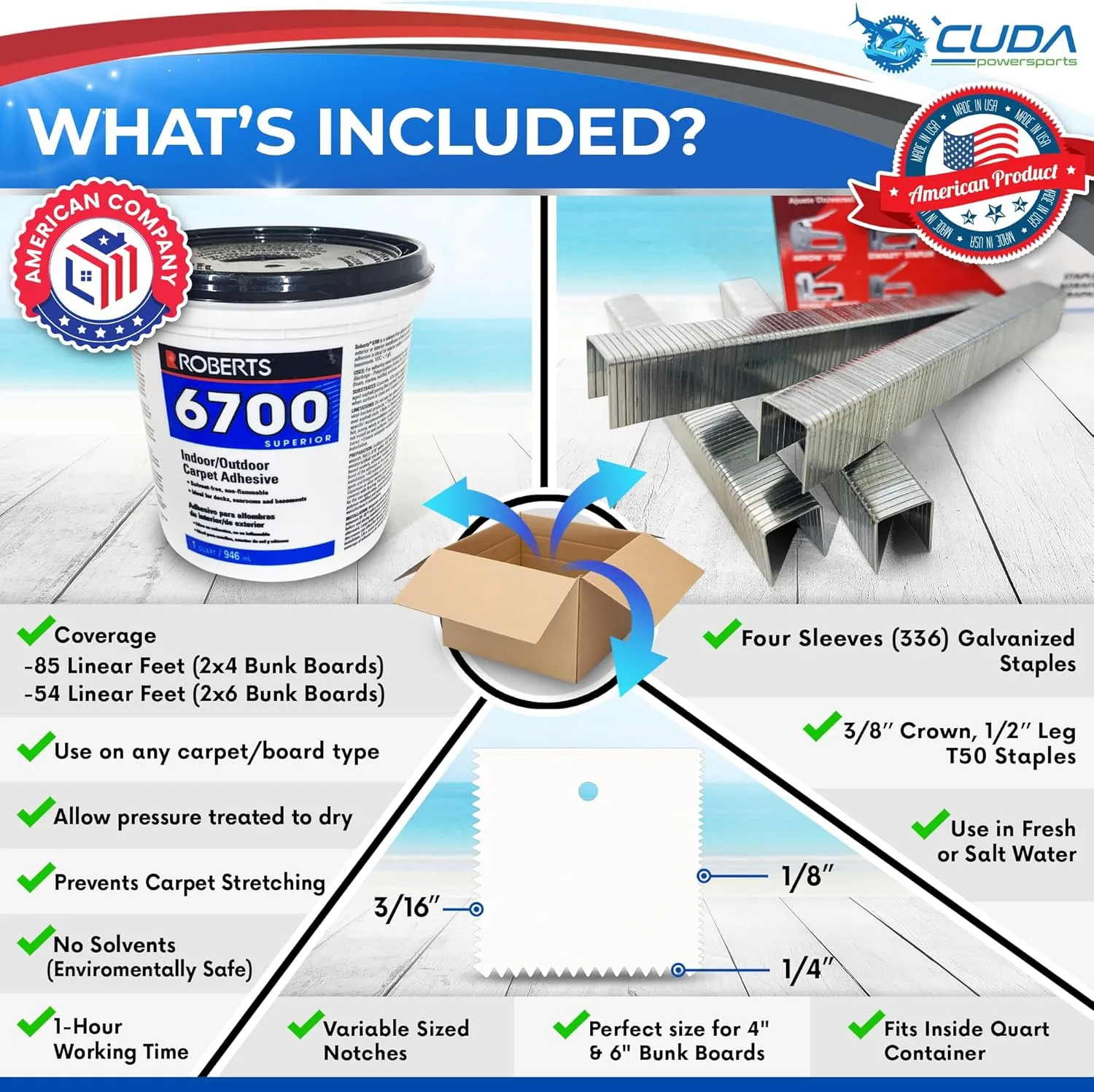 Boat Trailer Bunk Carpet Adhesive-Roberts 6700 Boat Bunk Carpet Glue Adhesive-336 Stainless Steel Staples Marine; 1 Quart Roberts 6700 Outdoor Marine Glue Waterproof Once Cured; Plastic Trowel Kit