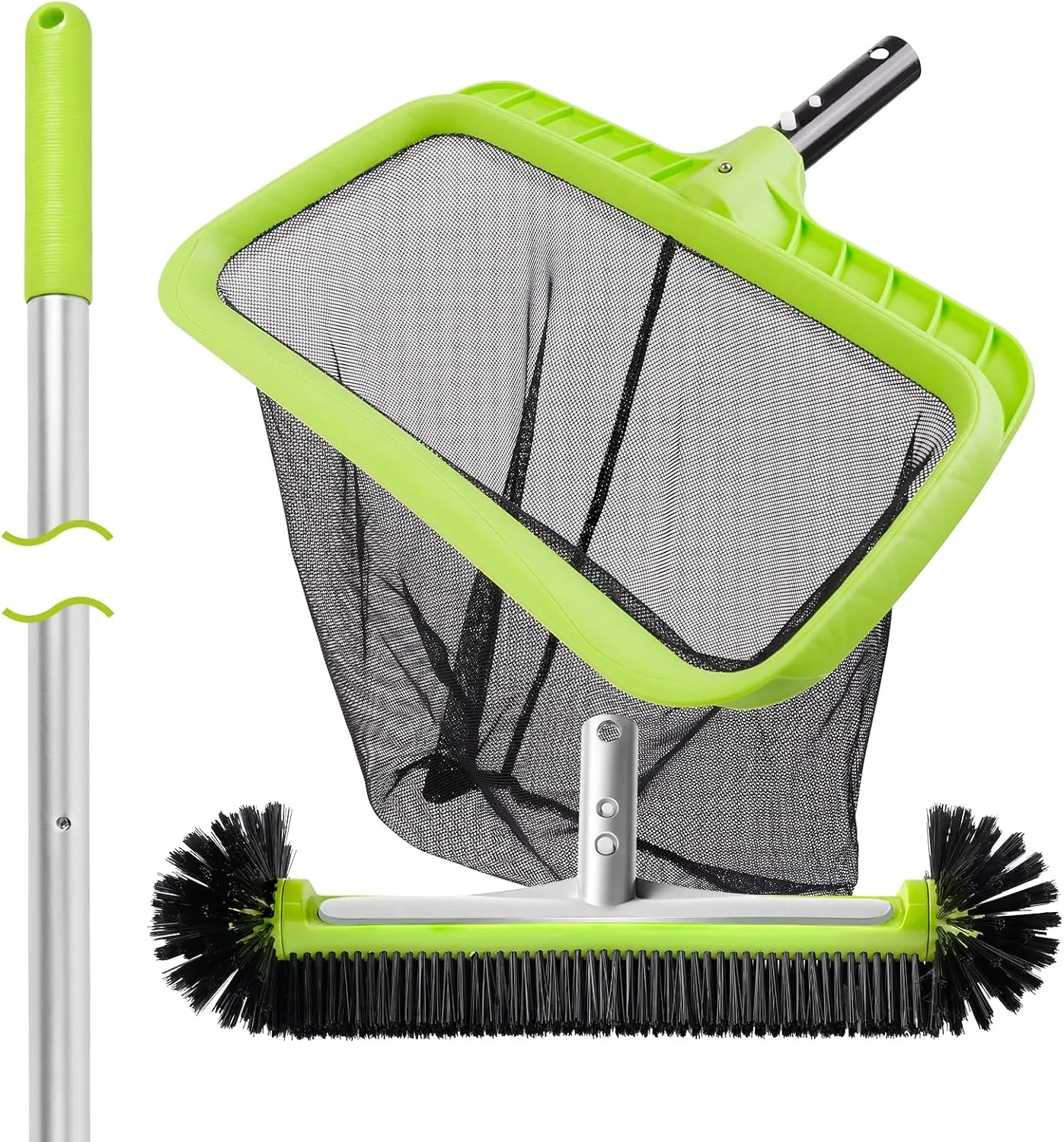 BoxedHome Swimming Pool Cleaning Kit with 10.5Ft Adjustable Aluminum Pole, 17.5" Rounded End Pool Brush Head & Deep Skimmer Net/Basket for Inground & Above Ground Pool