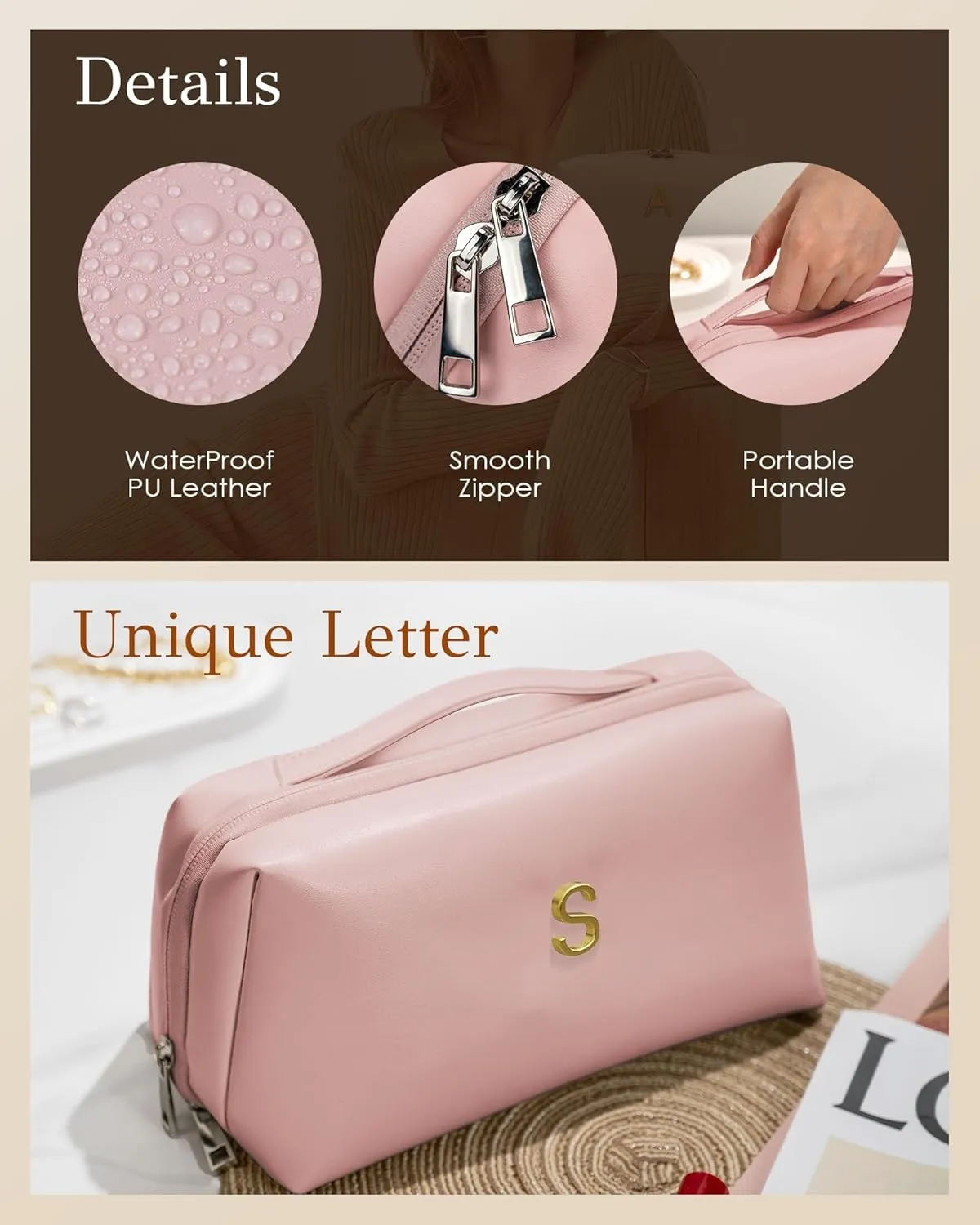Bridesmaid Gifts - Initial Makeup Bag for Women Girls, Birthday Gifts for Women, Self Care Thank You Gifts Idea, Gift Basket for Woman, Large Capacity & Wide Open Cosmetic Toiletry Bags