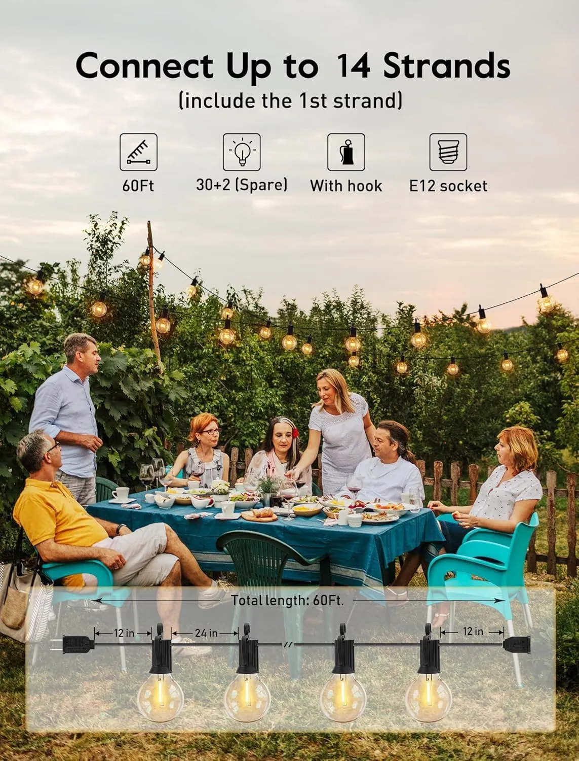 Brightown Outdoor String Lights - Globe Patio Lights 60 Ft with 30 G40 Shatterproof Bulbs, Waterproof Connectable Commercial Hanging Light for Backyard, Bistro, Porch, Cafe, Dec