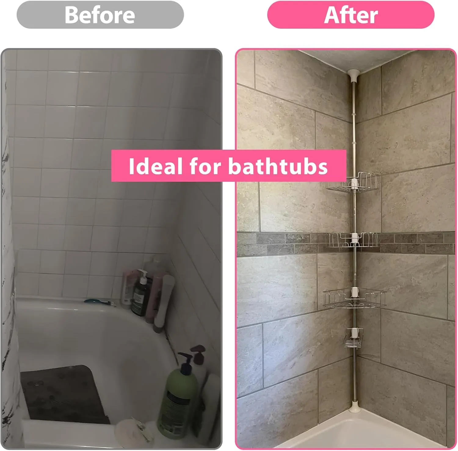 BsBsBest Shower Organizer Caddy - 39-125" Stainless Steel Shower Shelves Rack - Adjustable Organization And Storage Head Holder - Rustproof Tension Pole - Silver
