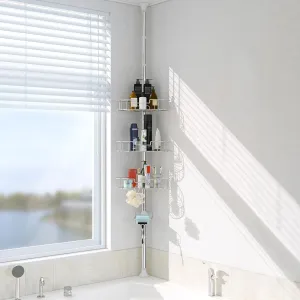BsBsBest Shower Organizer Caddy - 39-125" Stainless Steel Shower Shelves Rack - Adjustable Organization And Storage Head Holder - Rustproof Tension Pole - Silver