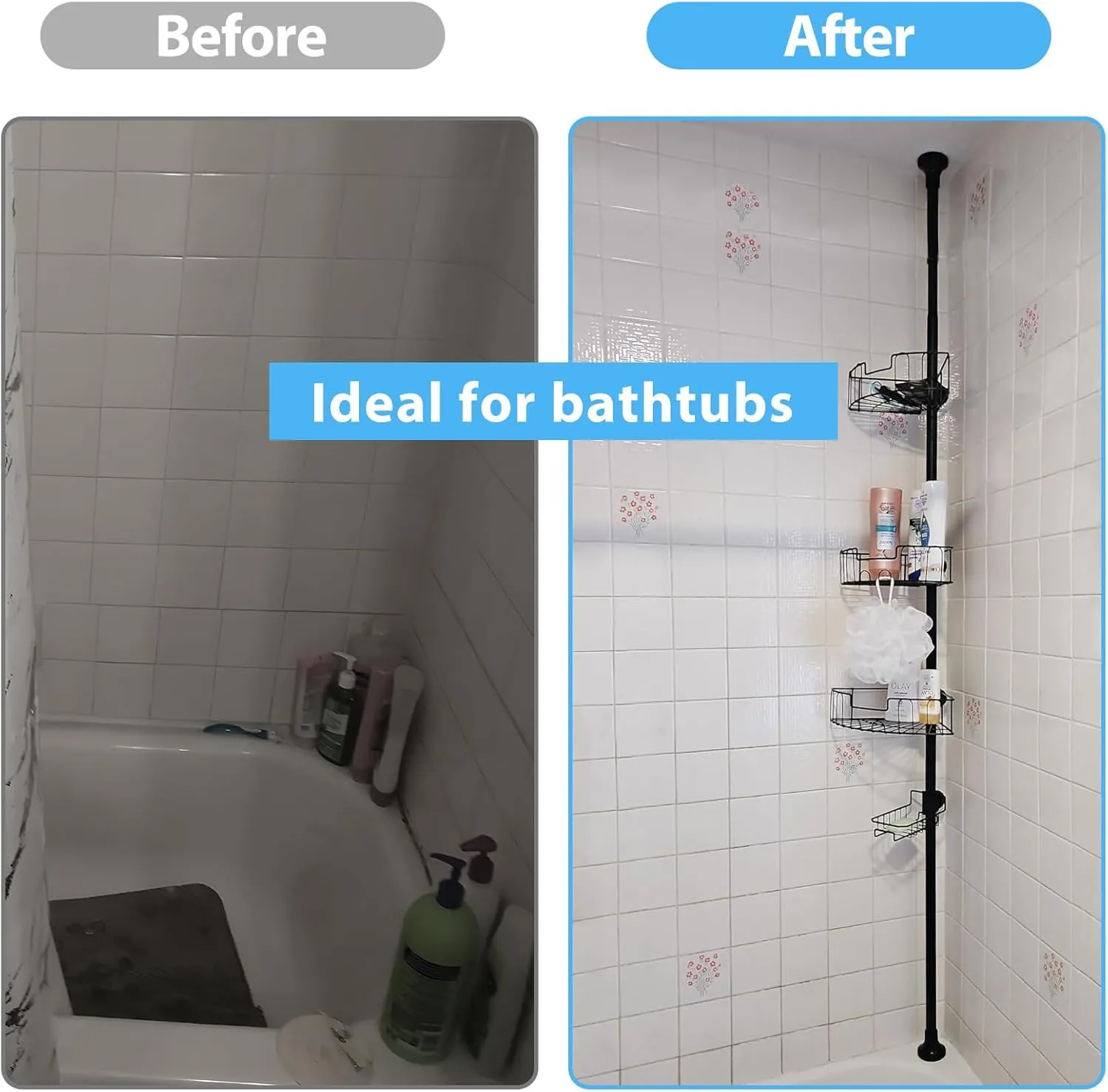 BsBsBest Shower Organizer Caddy - Stainless Steel Shower Shelves Rack, Adjustable Organization And Storage Head Holder, Rustproof Tension Pole, Black