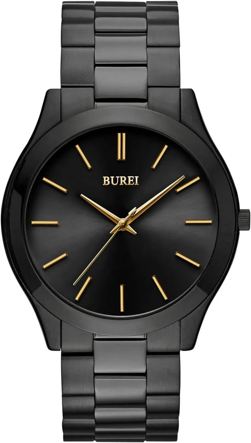 BUREI Men Watches Fashion Business Stainless Steel Analog Quartz Waterproof Wrist Watches for Men (Golden Black)