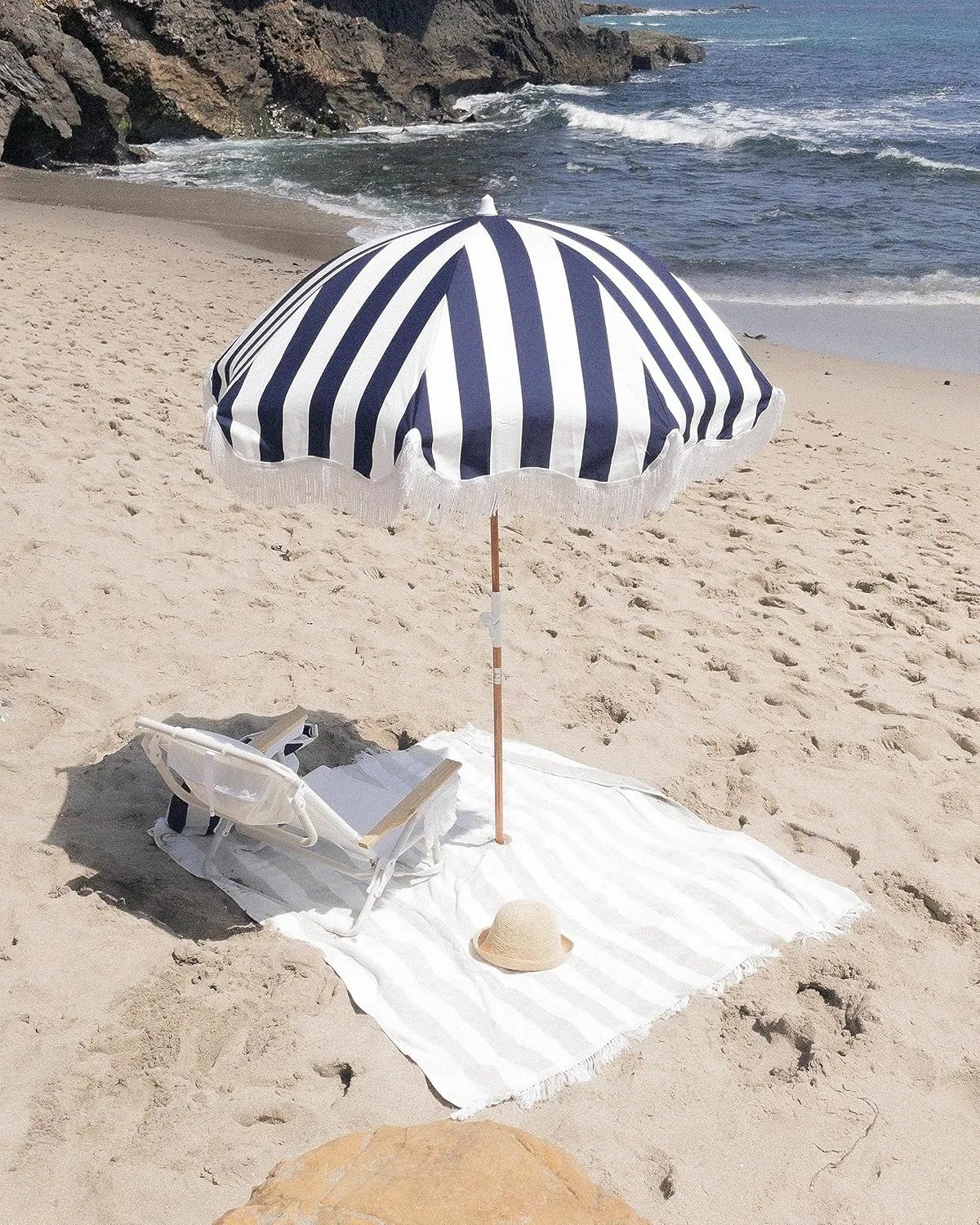 Business & Pleasure Co. Holiday Umbrella - Boho Beach Umbrella with White Fringe, UPF 50 , 1" Tilting Wood Pole, 5’ x 6.5’, Navy Crew Stripe