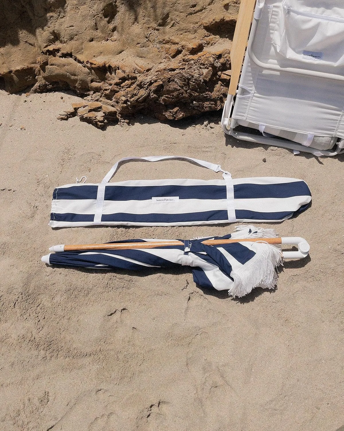 Business & Pleasure Co. Holiday Umbrella - Boho Beach Umbrella with White Fringe, UPF 50 , 1" Tilting Wood Pole, 5’ x 6.5’, Navy Crew Stripe