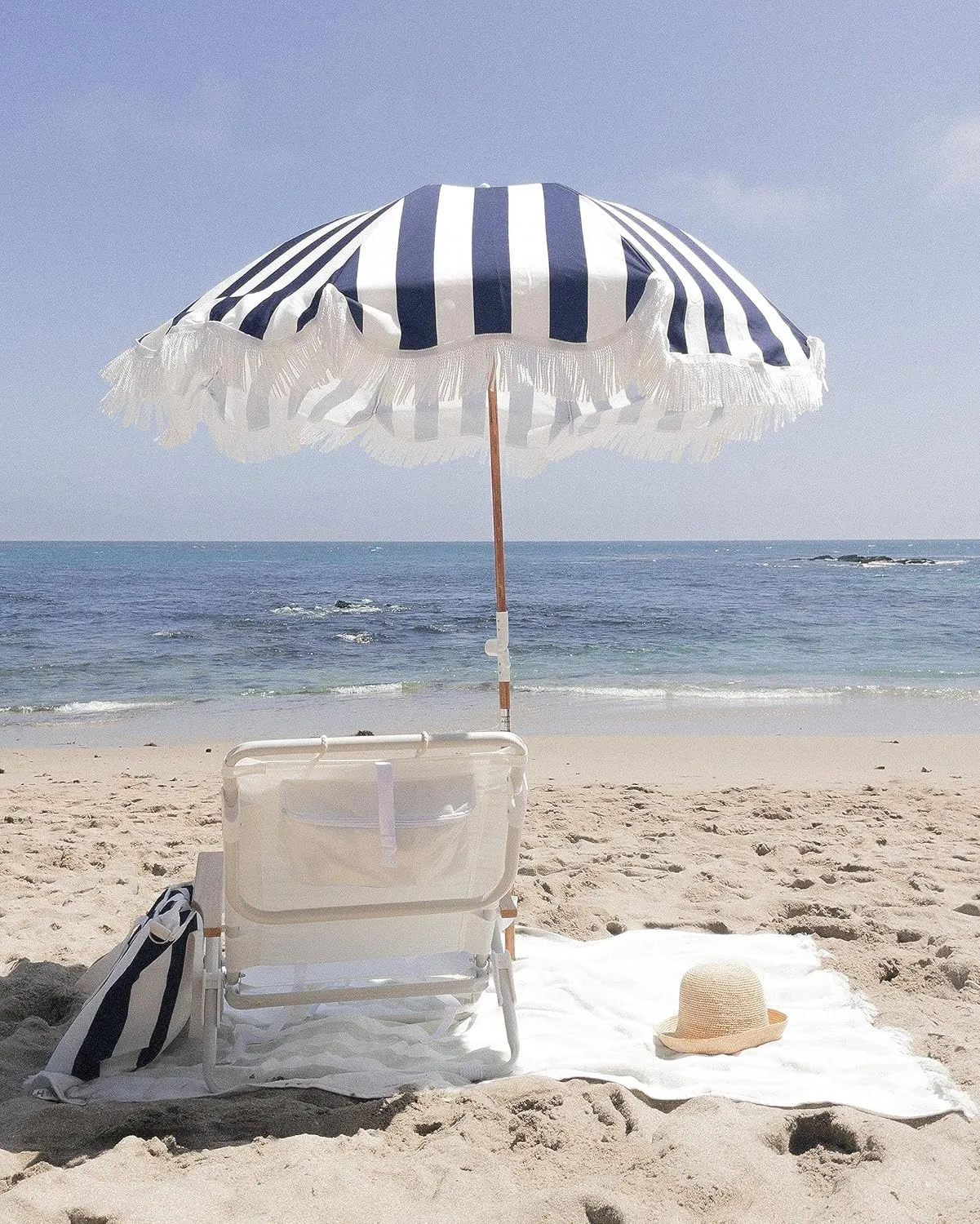 Business & Pleasure Co. Holiday Umbrella - Boho Beach Umbrella with White Fringe, UPF 50 , 1" Tilting Wood Pole, 5’ x 6.5’, Navy Crew Stripe