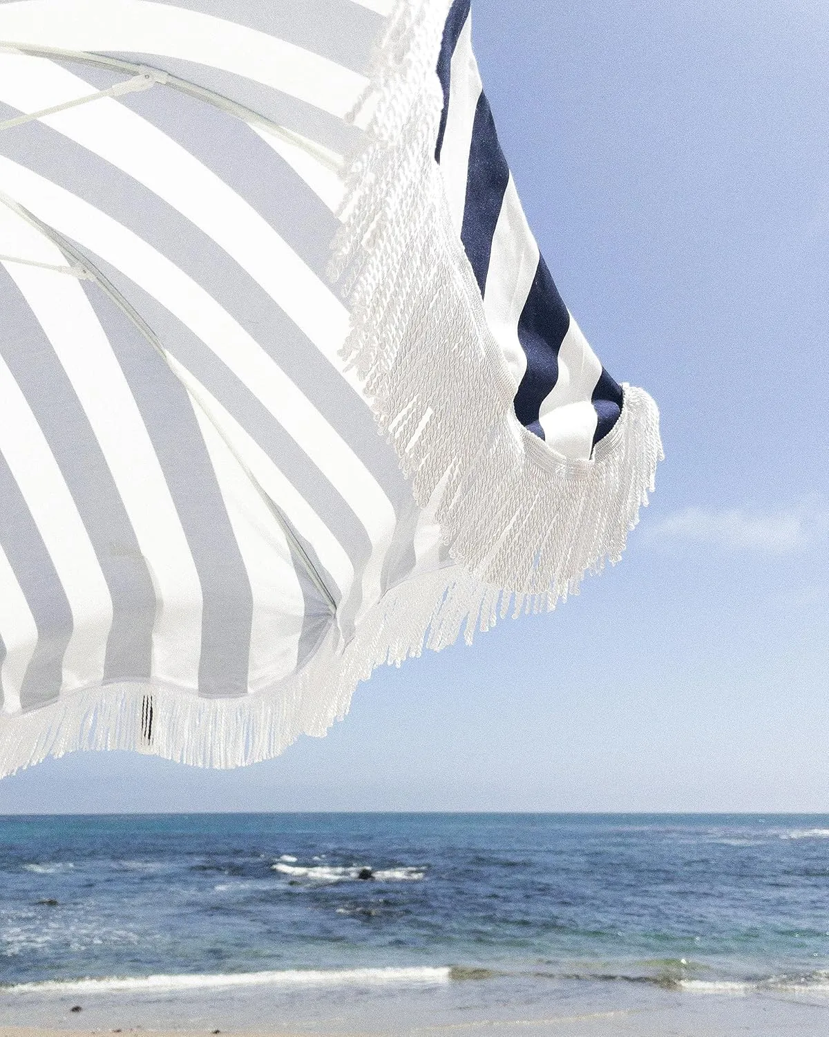 Business & Pleasure Co. Holiday Umbrella - Boho Beach Umbrella with White Fringe, UPF 50 , 1" Tilting Wood Pole, 5’ x 6.5’, Navy Crew Stripe