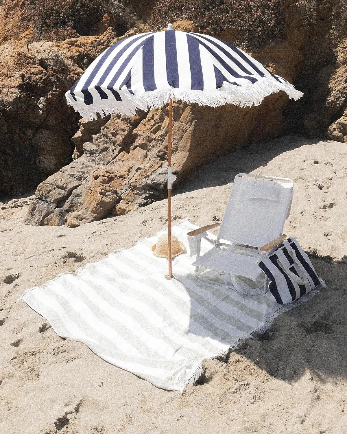 Business & Pleasure Co. Holiday Umbrella - Boho Beach Umbrella with White Fringe, UPF 50 , 1" Tilting Wood Pole, 5’ x 6.5’, Navy Crew Stripe