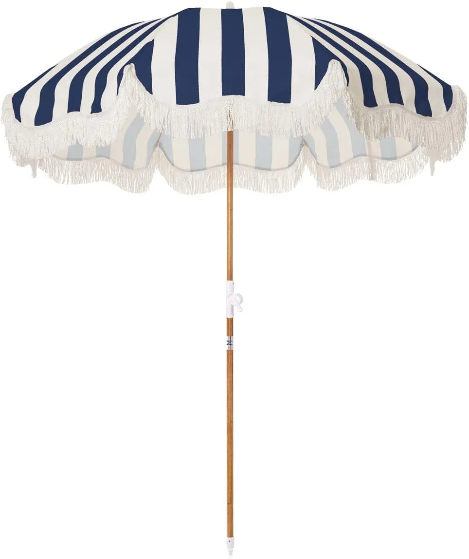 Business & Pleasure Co. Holiday Umbrella - Boho Beach Umbrella with White Fringe, UPF 50 , 1" Tilting Wood Pole, 5’ x 6.5’, Navy Crew Stripe