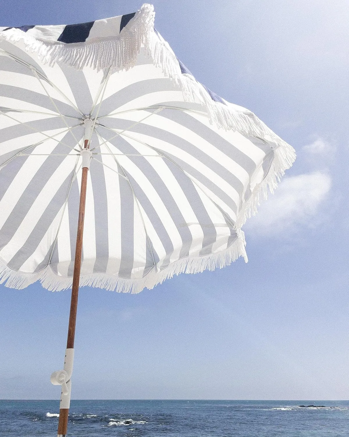 Business & Pleasure Co. Holiday Umbrella - Boho Beach Umbrella with White Fringe, UPF 50 , 1" Tilting Wood Pole, 5’ x 6.5’, Navy Crew Stripe