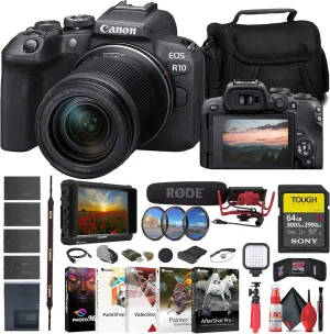 Canon EOS R10 Mirrorless Camera with 18-150mm Lens (5331C016)   4K Monitor   Rode VideoMic   Sony 64GB TOUGH SD Card   Filter Kit   Wide Angle Lens   Telephoto Lens   Color Filter Kit   More (Renewed)
