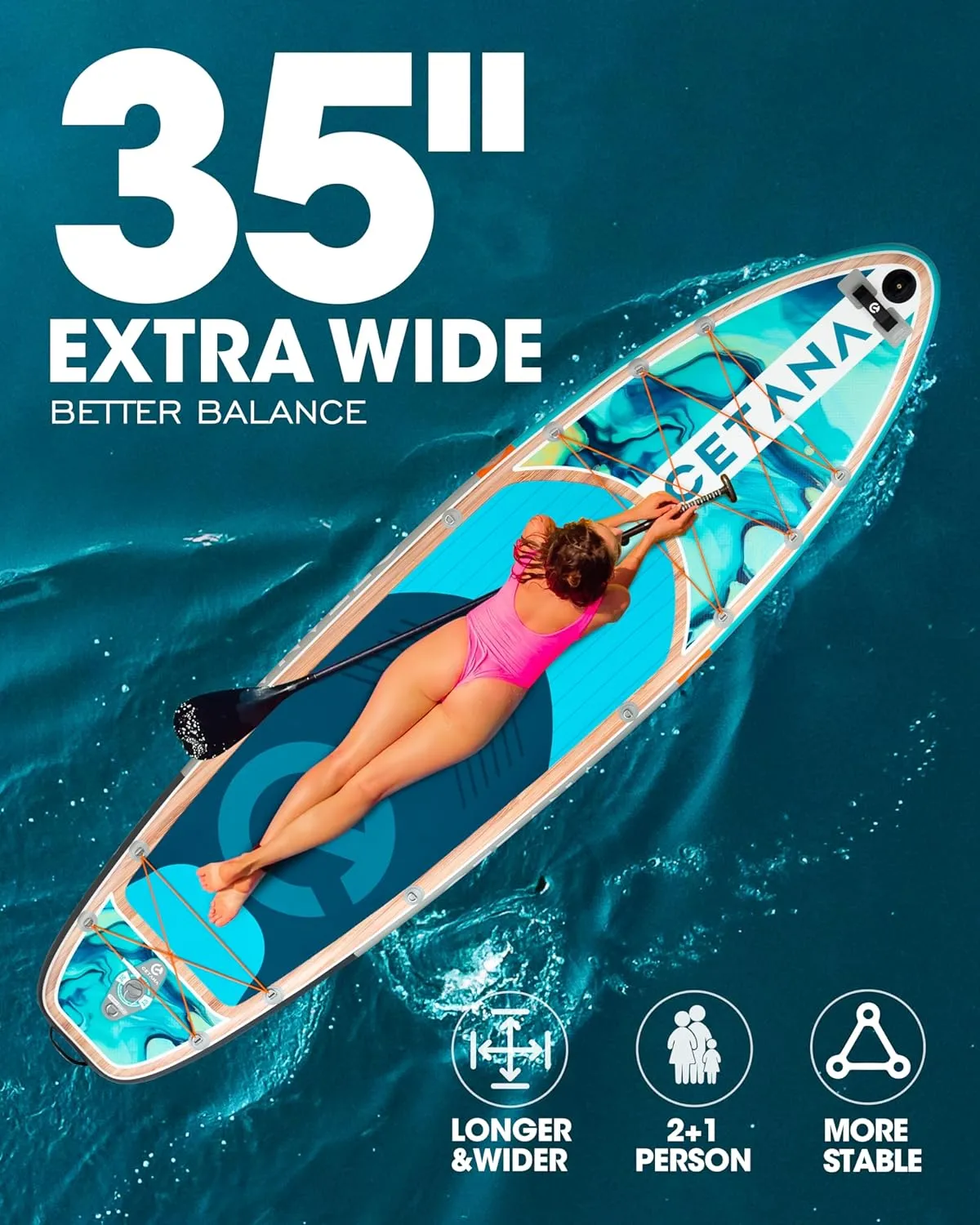 CETANA 11'6×35" Extra Wide Stand Up Paddle Board for Adults & Youth, 400lb Capacity Inflatable Paddle Board, Sup for 2 1 Person with Removable US Fin, 100L Backpack, Floating Paddle, Safety Leash