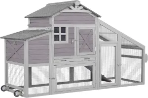 Chicken Coop Mobile Chicken House with Large Nesting Box Expandable Outdoor Wooden Poultry Cage with Wheels, Duck Coop Nesting Box, Leakproof Pull-on Tray and UV-Resistant Roof Panel