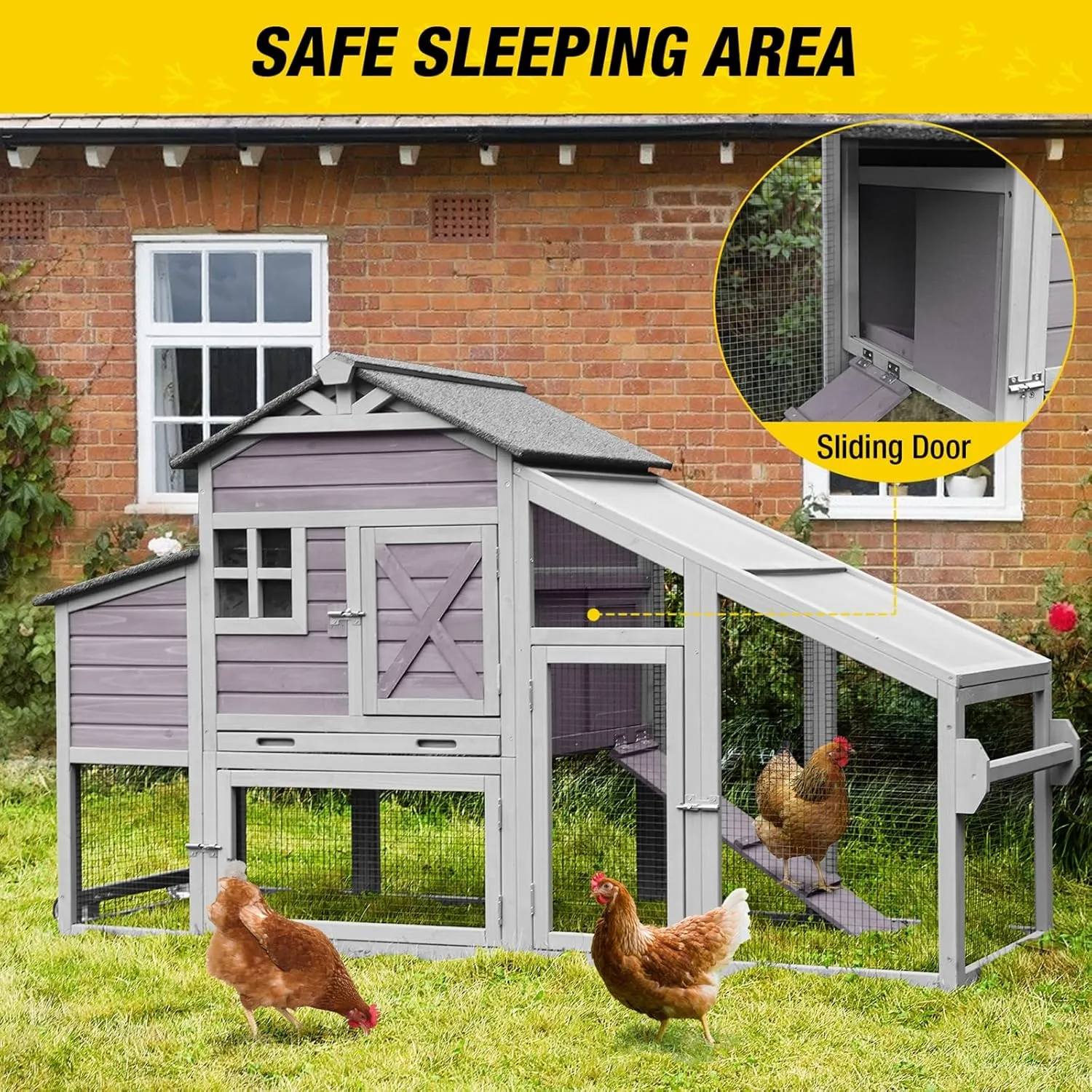 Chicken Coop Mobile Chicken House with Large Nesting Box Expandable Outdoor Wooden Poultry Cage with Wheels, Duck Coop Nesting Box, Leakproof Pull-on Tray and UV-Resistant Roof Panel