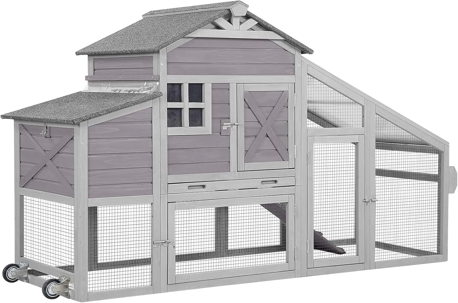 Chicken Coop Mobile Chicken House with Large Nesting Box Expandable Outdoor Wooden Poultry Cage with Wheels, Duck Coop Nesting Box, Leakproof Pull-on Tray and UV-Resistant Roof Panel