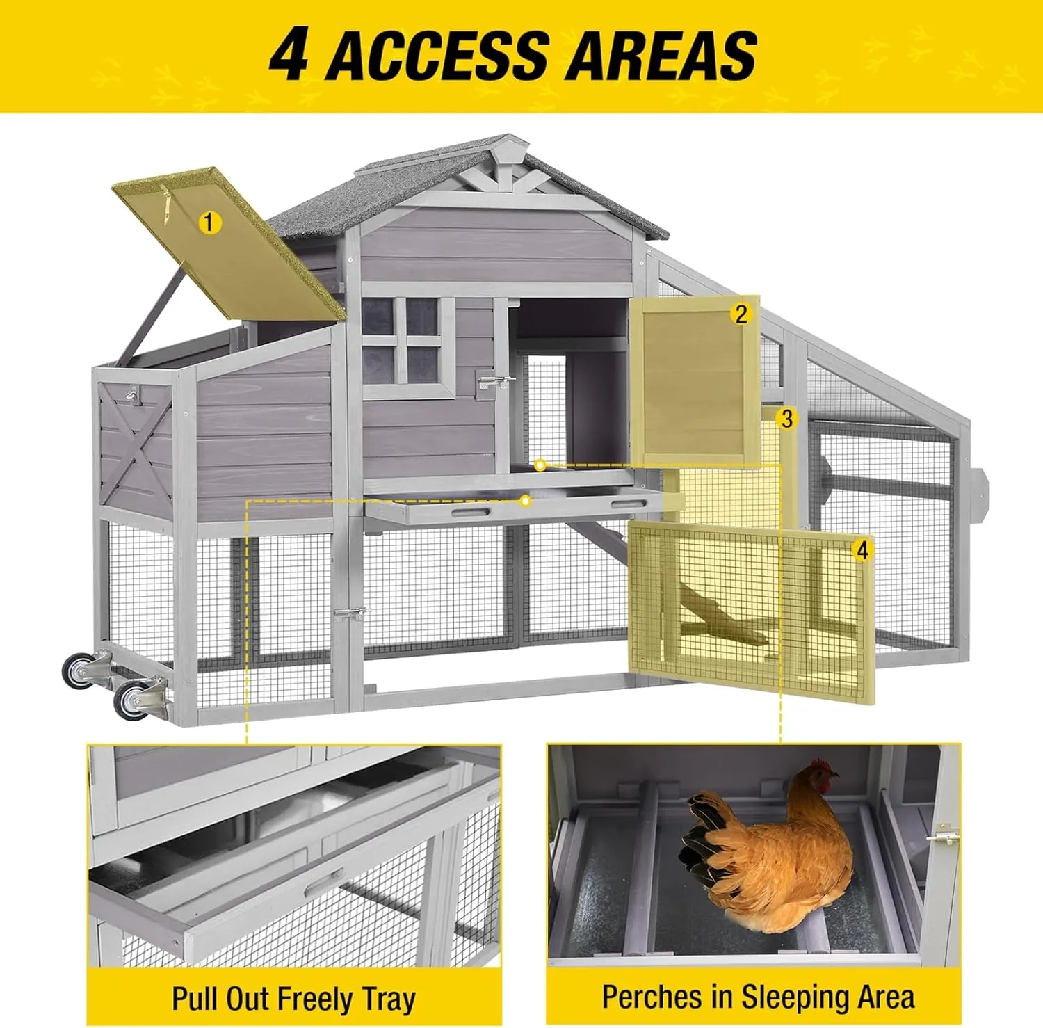 Chicken Coop Mobile Chicken House with Large Nesting Box Expandable Outdoor Wooden Poultry Cage with Wheels, Duck Coop Nesting Box, Leakproof Pull-on Tray and UV-Resistant Roof Panel