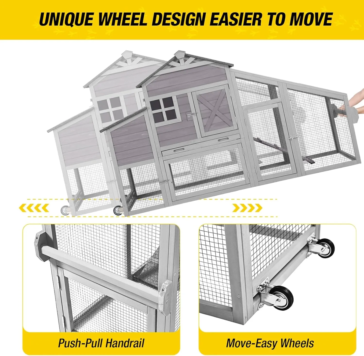 Chicken Coop Mobile Chicken House with Large Nesting Box Expandable Outdoor Wooden Poultry Cage with Wheels, Duck Coop Nesting Box, Leakproof Pull-on Tray and UV-Resistant Roof Panel