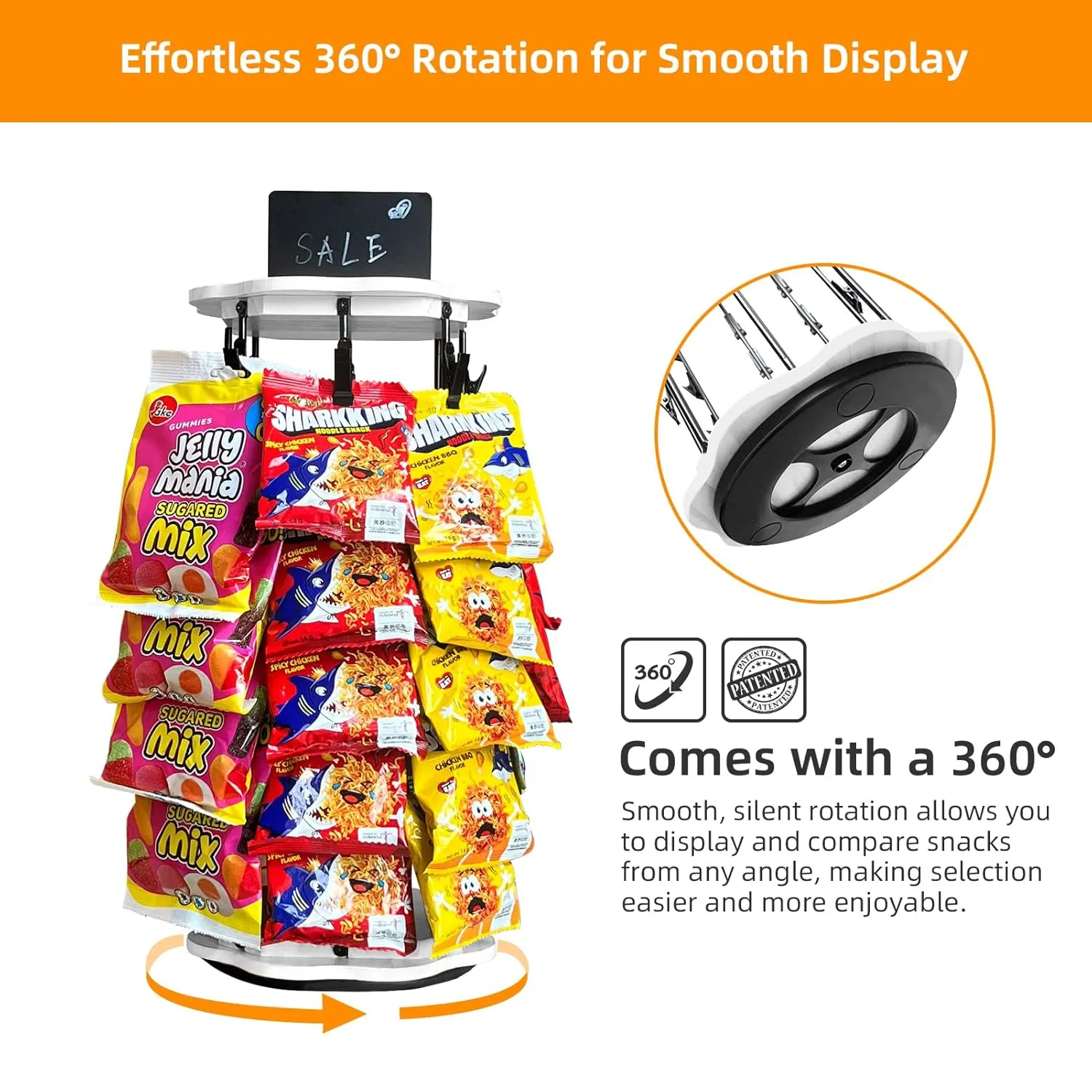 Chip Rack Display Stand,Snack Organizer,Flower-Shaped Rotating Wooden Concession Stand Supplies with 40 Clips,Waterproof Chip Organizer for Pantry,Chip Bag Holder,Chip Stand Display for Party,White