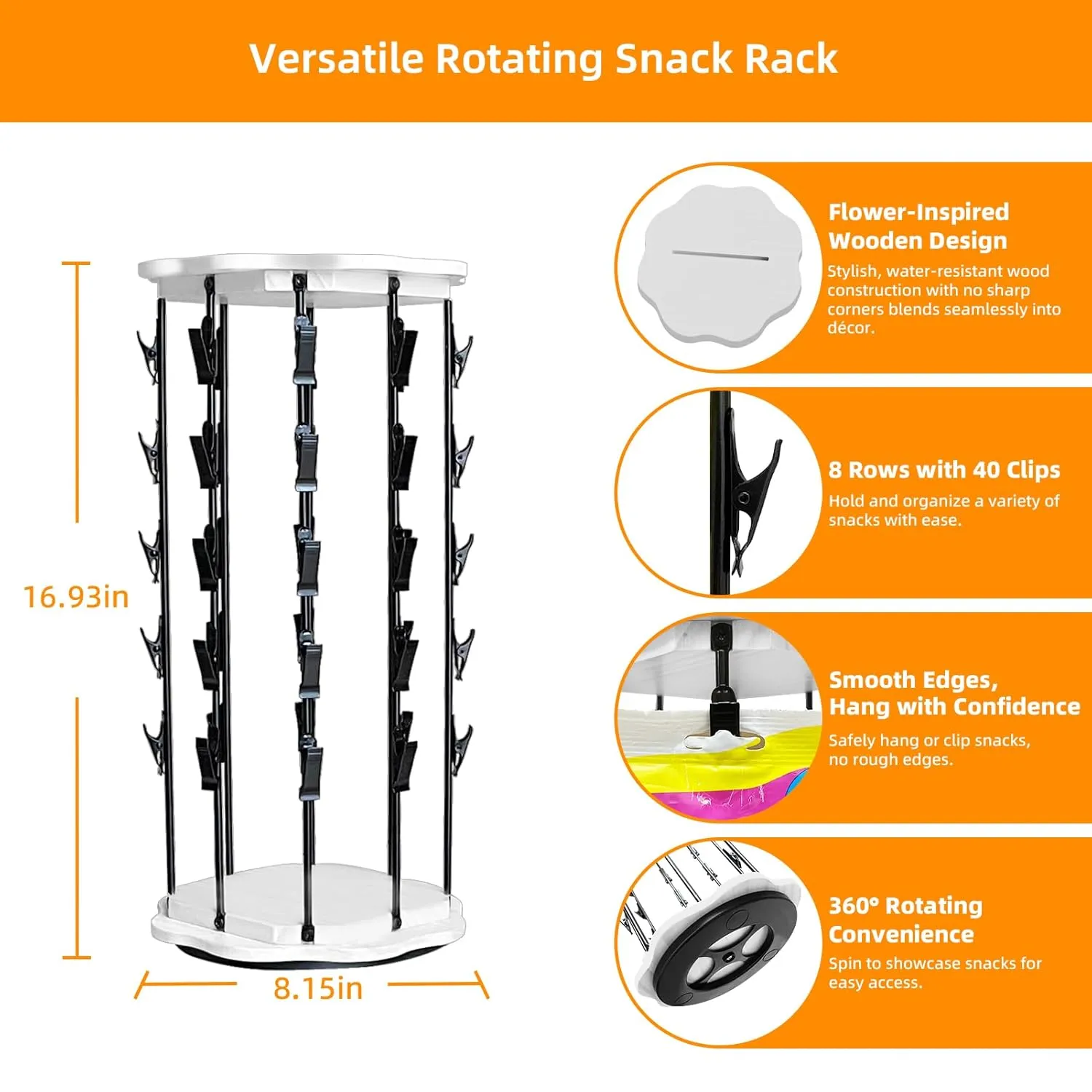 Chip Rack Display Stand,Snack Organizer,Flower-Shaped Rotating Wooden Concession Stand Supplies with 40 Clips,Waterproof Chip Organizer for Pantry,Chip Bag Holder,Chip Stand Display for Party,White