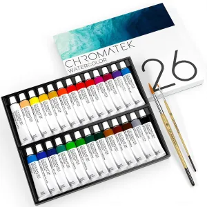 CHROMATEK Watercolor Paint Set - 28 Piece Kit for Adults, Beginners & Professional Artists - 26 x 12ml Liquid Water Color Tubes & 2 Painting Brushes - Richly Pigmented Vibrant Colors - Art Supplies