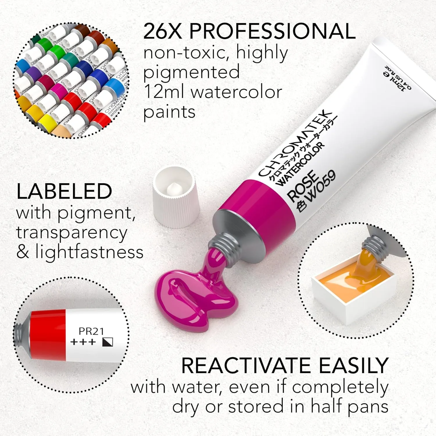 CHROMATEK Watercolor Paint Set - 28 Piece Kit for Adults, Beginners & Professional Artists - 26 x 12ml Liquid Water Color Tubes & 2 Painting Brushes - Richly Pigmented Vibrant Colors - Art Supplies