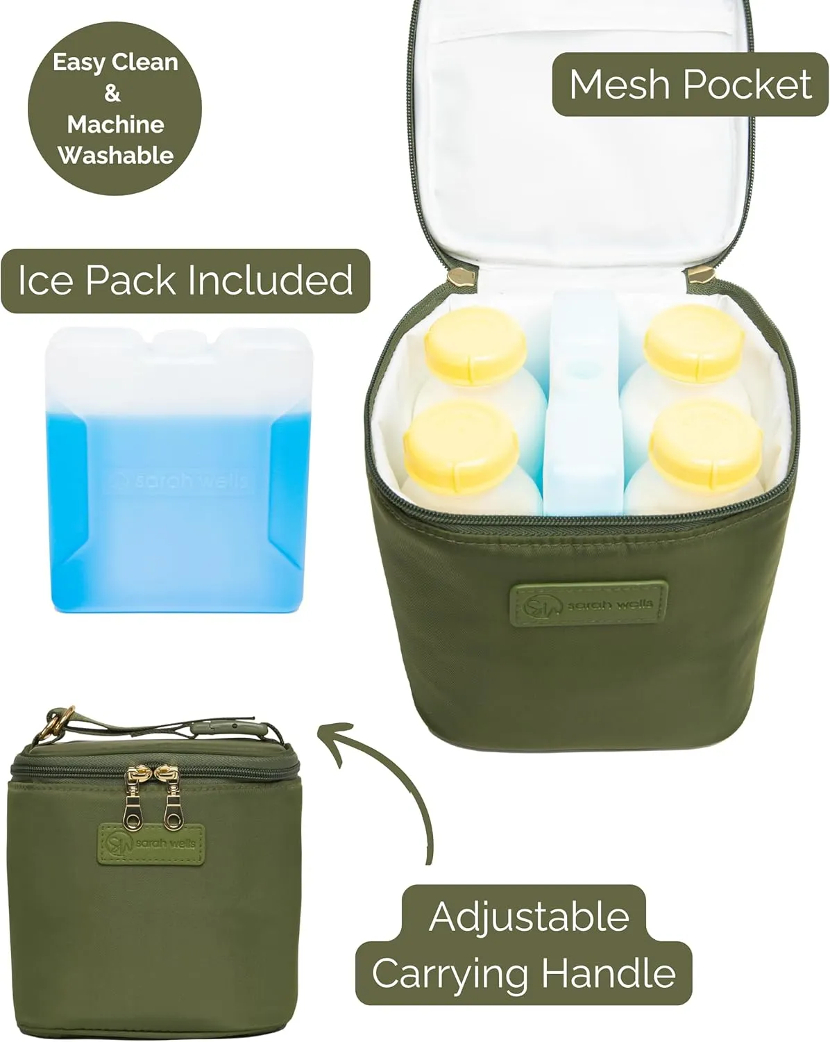 Cold Gold Breastmilk Cooler Bag with Safety Tested Ice Pack – Insulated Milk Storage for Work, Travel & Daycare – Fits Bottles & Pump Parts – Durable, Washable, Safety-Tested Cooler for Moms (Olive)