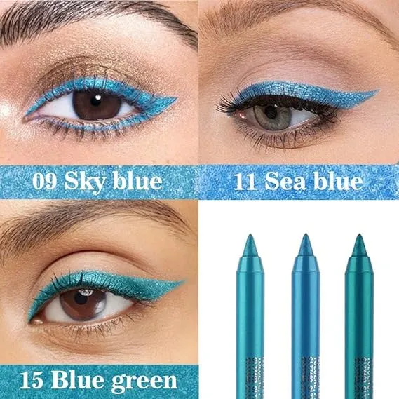 Colored Gel Glitter Eyeliner Pencils Pen Set,Eye Liners & Shadow Pencil Eye Makeup Colorful Eyeliner Kit (09#Sky Blue 11#Sea Blue 15#Blue-green)