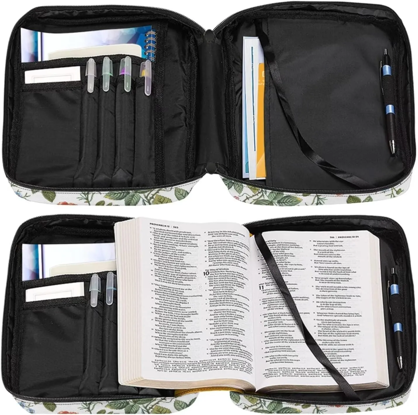 Colorful Floral Print Bible Cover for Women with 2 Leather Bookmarks Big Girls Religious Christian Books Carrying Case with Comfortable Hand Strap and Zipper Pockets
