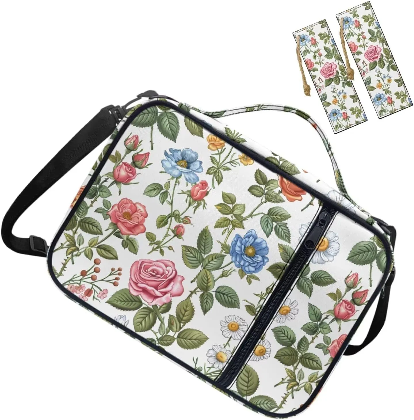Colorful Floral Print Bible Cover for Women with 2 Leather Bookmarks Big Girls Religious Christian Books Carrying Case with Comfortable Hand Strap and Zipper Pockets