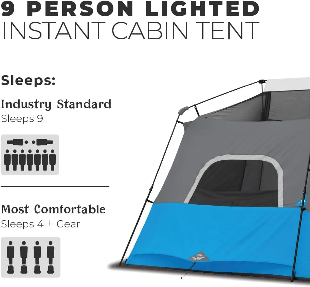 CORE Instant Cabin Tents with LED Lights | 6 Person / 9 Person / 12 Person Family Multi Room Lighted Pop Up Tents for Camping | Included Storage Pockets for Camping Accessories