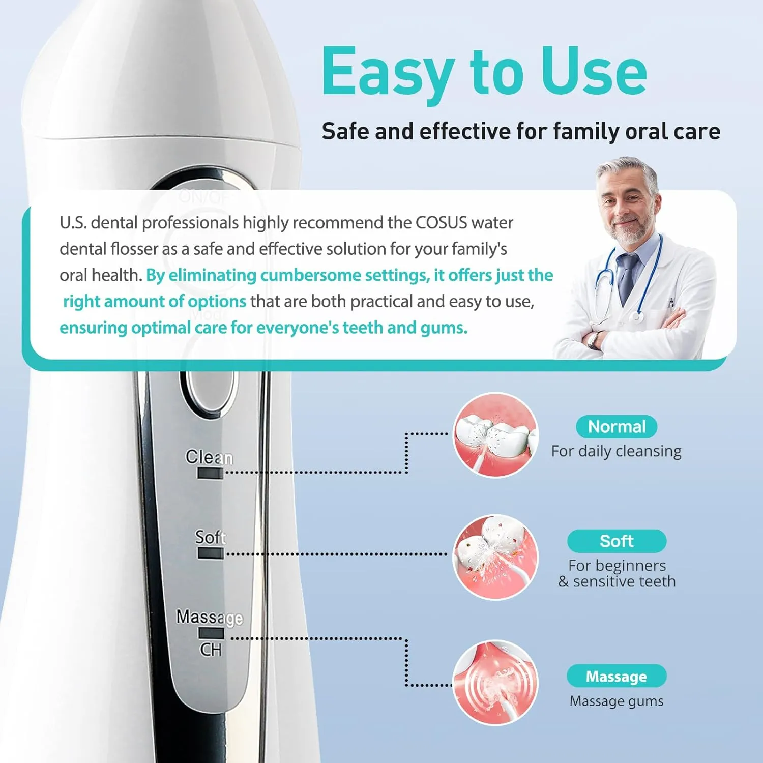 COSLUS Water Dental Flosser Teeth Pick: Portable Cordless Oral Irrigator 300ML Rechargeable Travel Irrigation Cleaner IPX7 Waterproof Electric Flossing Machine for Teeth Cleaning C20(F5020E) White