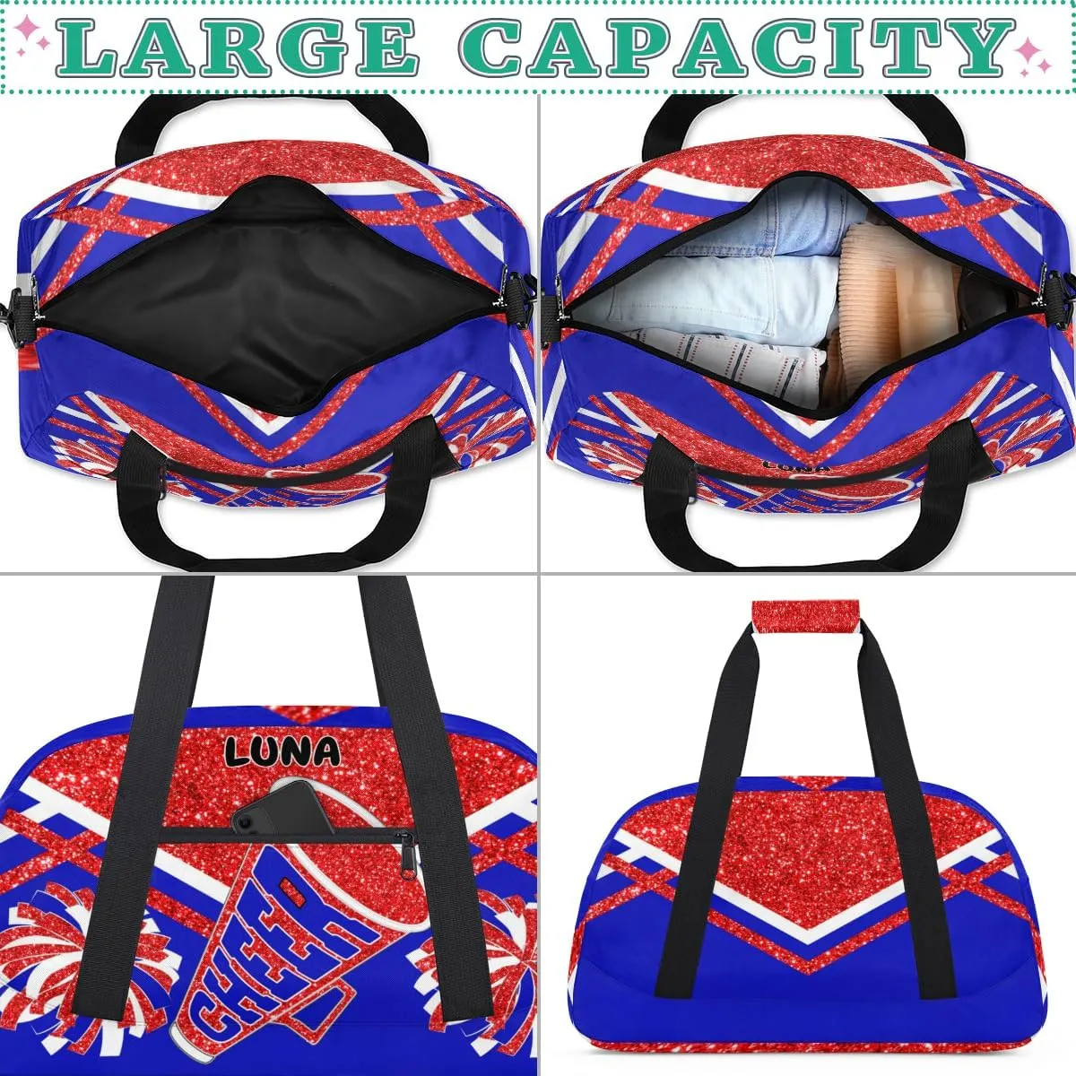 Custom Sports Gym Bag for Girls - Personalized Cheerleading, Dance, Gymnastics, Workout, Travel Overnight Duffel - Small Sleepover Bag, Red Glitters Royal Blue