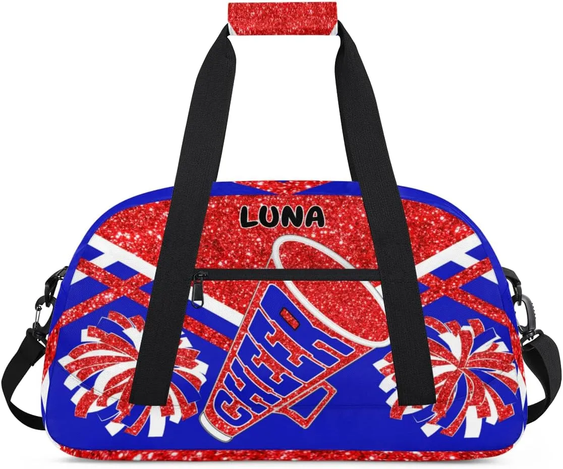 Custom Sports Gym Bag for Girls - Personalized Cheerleading, Dance, Gymnastics, Workout, Travel Overnight Duffel - Small Sleepover Bag, Red Glitters Royal Blue