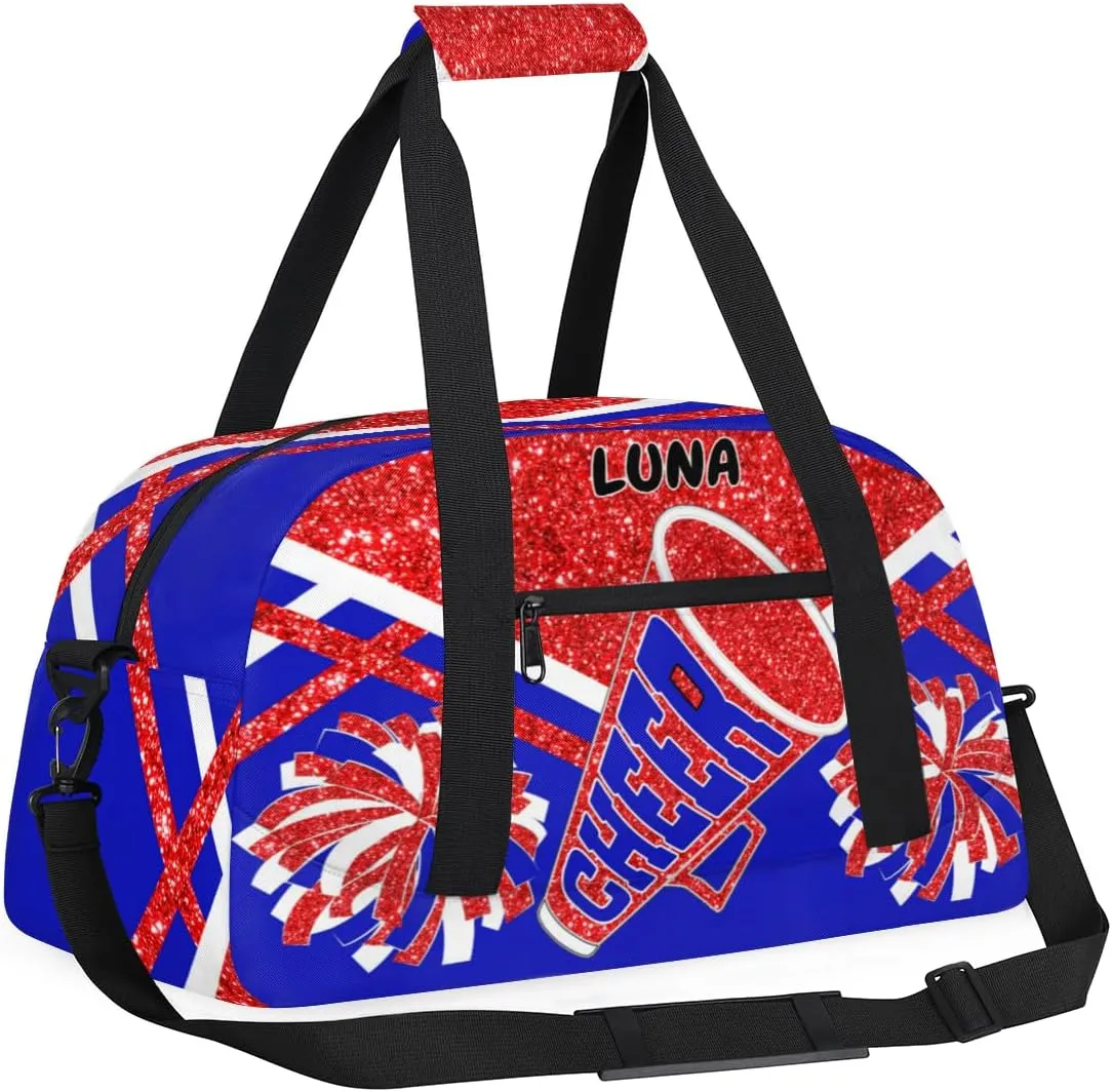 Custom Sports Gym Bag for Girls - Personalized Cheerleading, Dance, Gymnastics, Workout, Travel Overnight Duffel - Small Sleepover Bag, Red Glitters Royal Blue