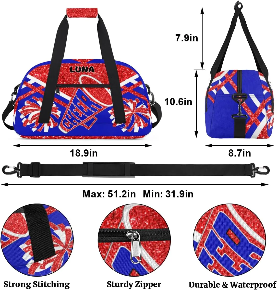 Custom Sports Gym Bag for Girls - Personalized Cheerleading, Dance, Gymnastics, Workout, Travel Overnight Duffel - Small Sleepover Bag, Red Glitters Royal Blue
