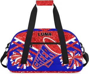 Custom Sports Gym Bag for Girls - Personalized Cheerleading, Dance, Gymnastics, Workout, Travel Overnight Duffel - Small Sleepover Bag, Red Glitters Royal Blue