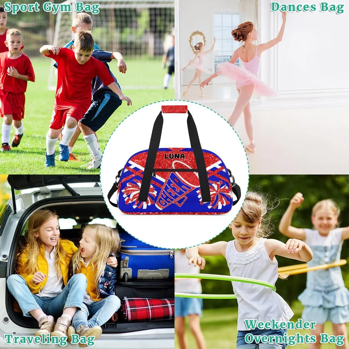 Custom Sports Gym Bag for Girls - Personalized Cheerleading, Dance, Gymnastics, Workout, Travel Overnight Duffel - Small Sleepover Bag, Red Glitters Royal Blue