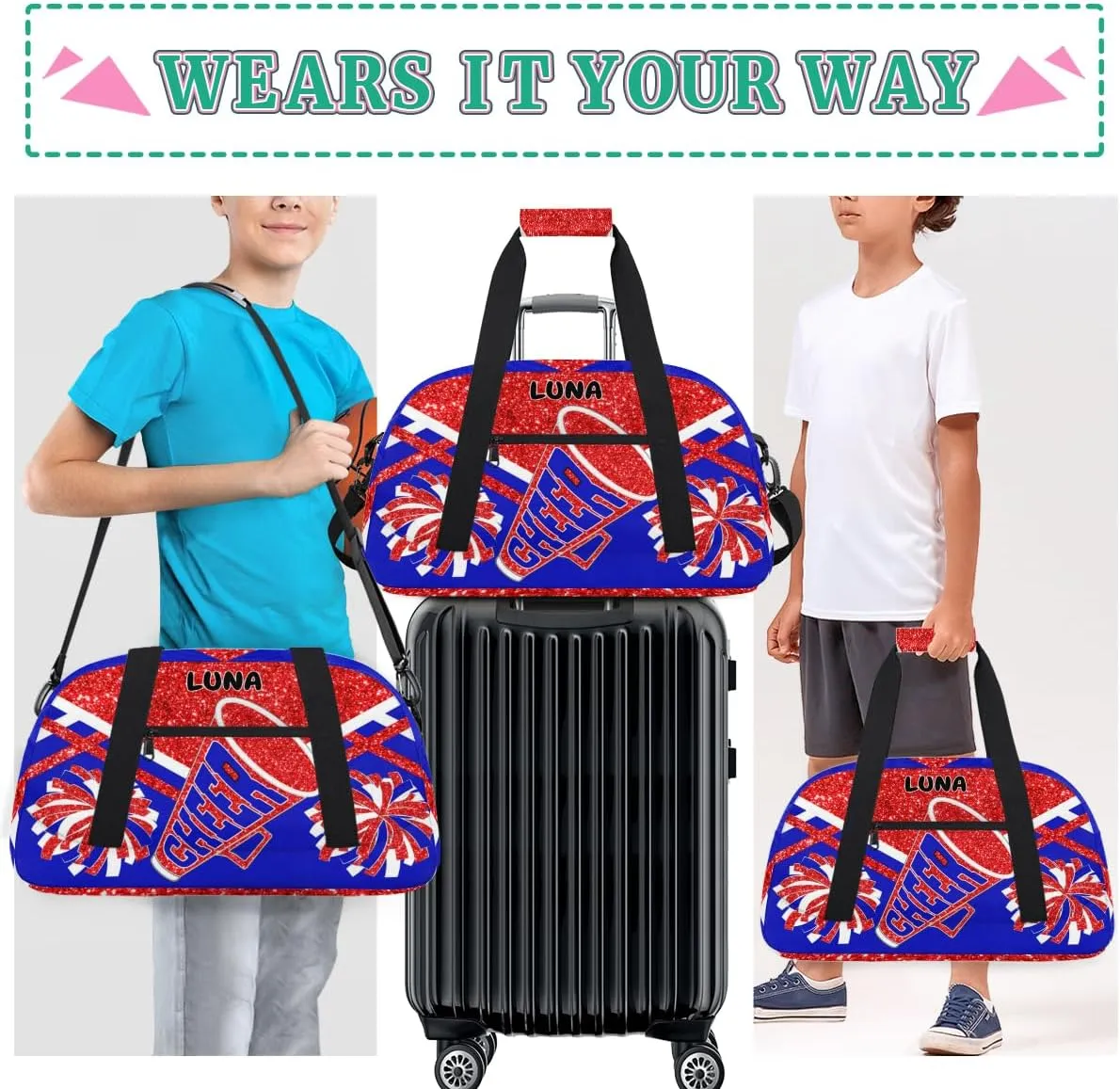 Custom Sports Gym Bag for Girls - Personalized Cheerleading, Dance, Gymnastics, Workout, Travel Overnight Duffel - Small Sleepover Bag, Red Glitters Royal Blue