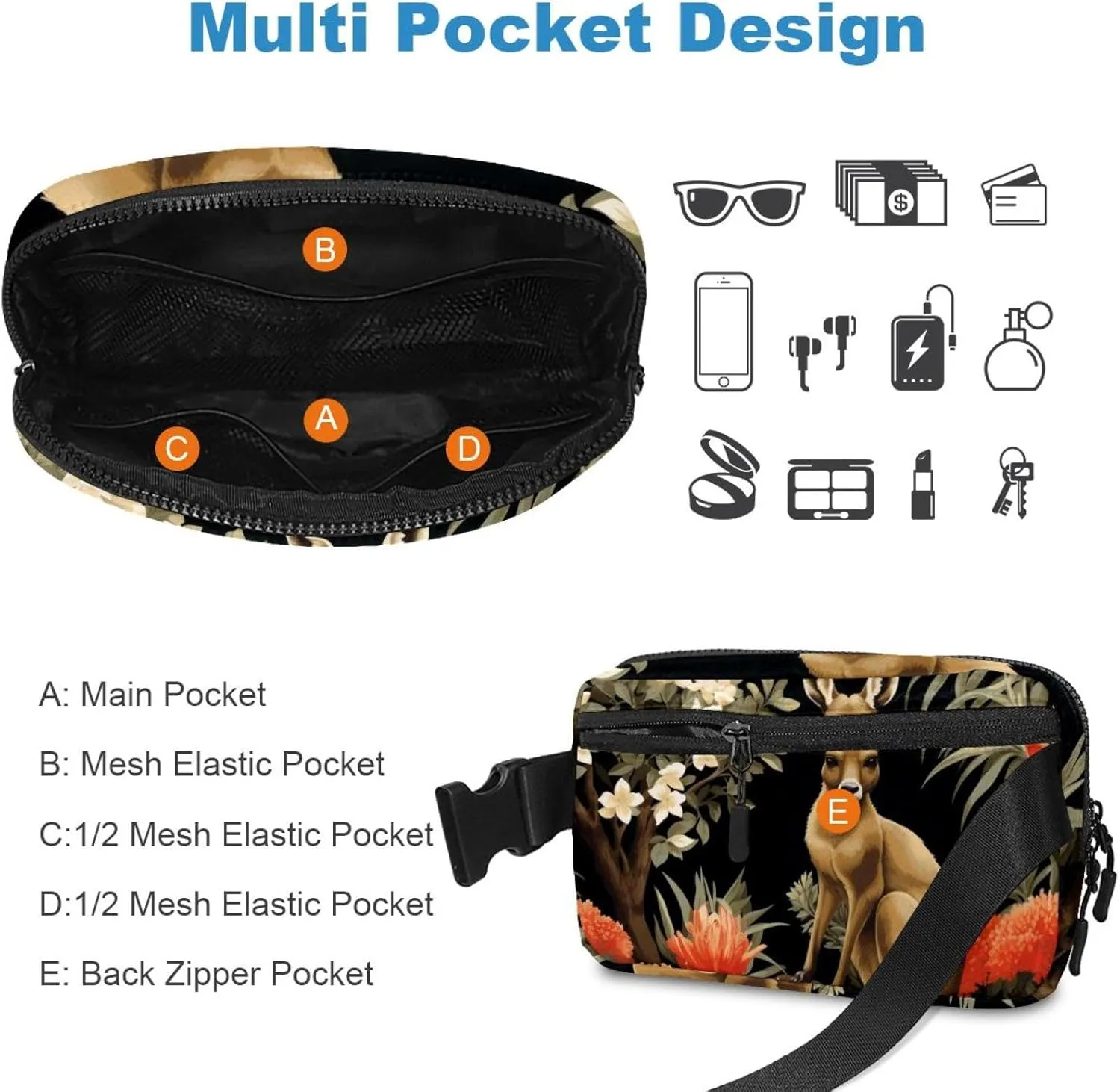Cute Kangaroo-1666 Crossbody Fanny Pack for Men&Women,Belt Bag for Travel Casual Walking Running Hiking Cycling