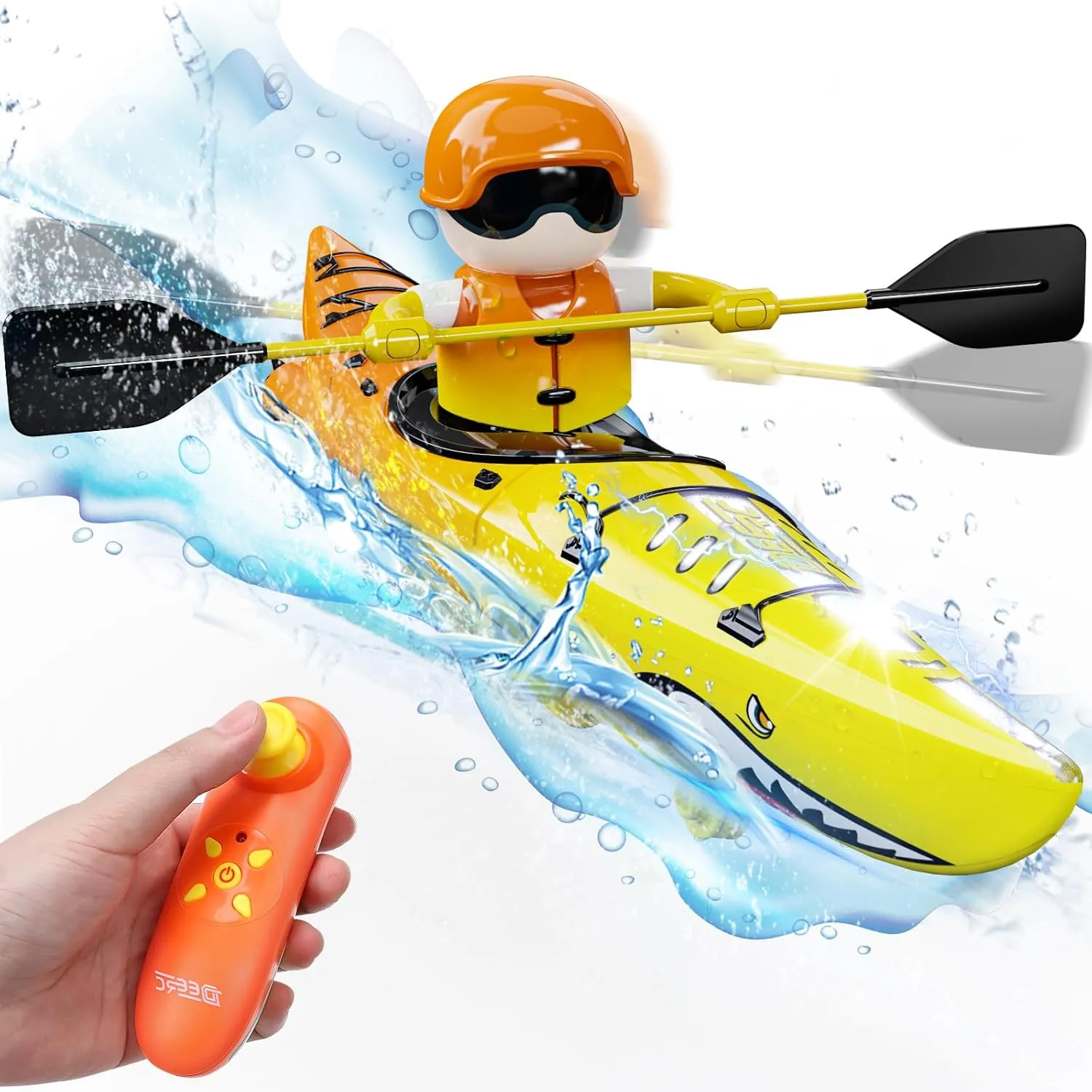 DEERC RC Kayak Boat for Kids,2.4 Ghz Remote Control Shark Boat Toys W/LED Light for Pools,Lake,Bathtub Never Capsize Summer Outdoor Water Toys Gift for Ages 4-8 Boys Girls