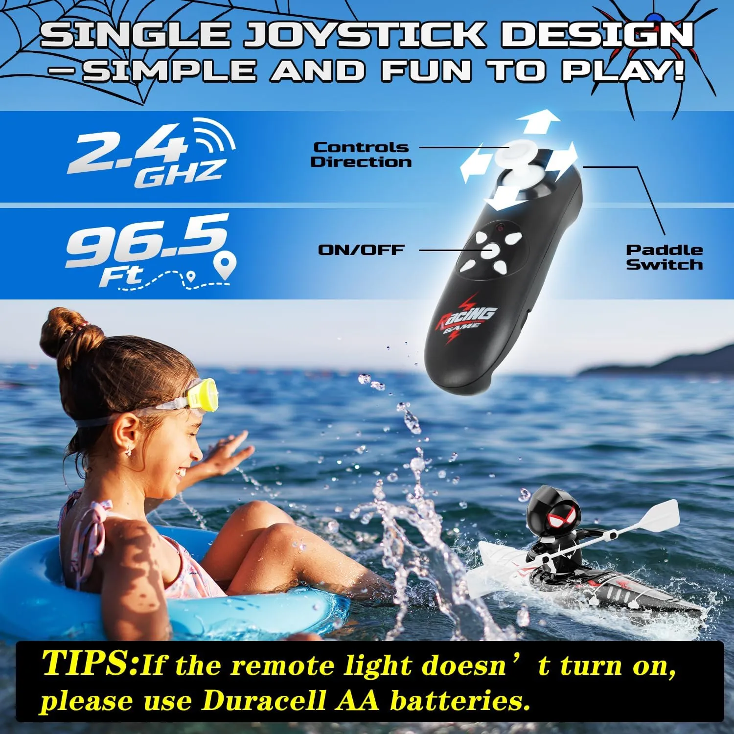 DEERC Remote Control Boat for Kids,RC Spider Kayak Boat Toys for Pool,Lake,Bathtub with Light Summer Outdoor Water Toys Never Capsize Gift for Kids Boys Girls