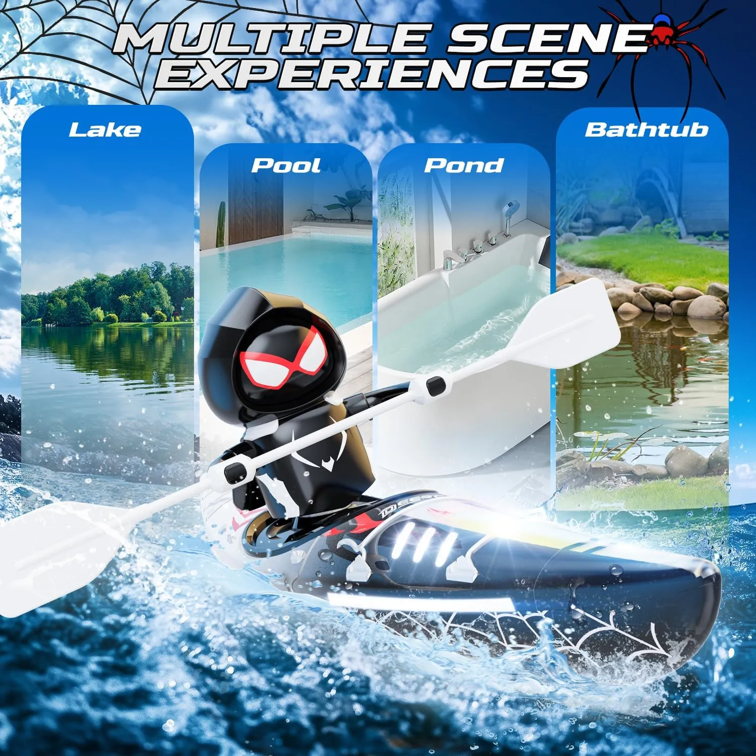 DEERC Remote Control Boat for Kids,RC Spider Kayak Boat Toys for Pool,Lake,Bathtub with Light Summer Outdoor Water Toys Never Capsize Gift for Kids Boys Girls
