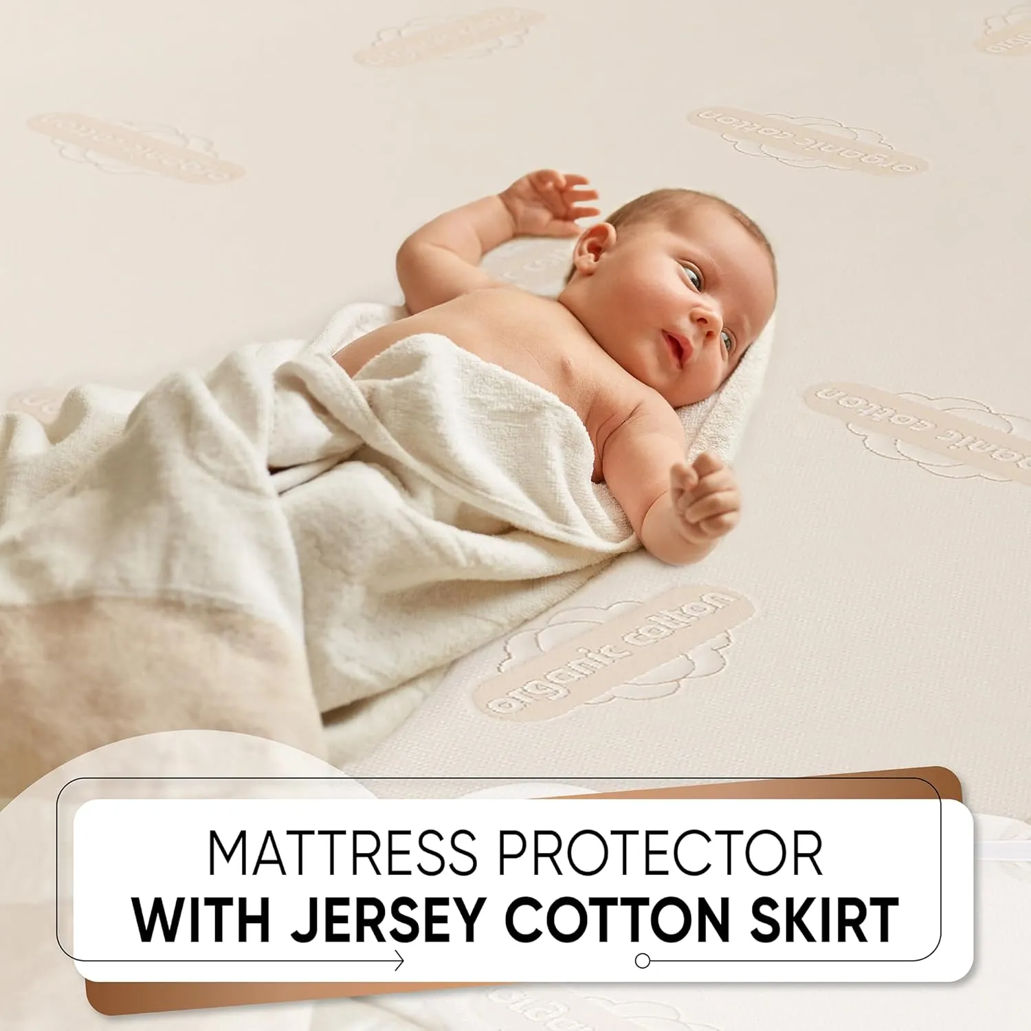 Deluxe Organic Waterproof Crib Mattress Pad - Organic Cotton Crib Mattress Protector for Baby and Toddler Beds - Breathable, Skin-Friendly, Premium 280GSM Knitted Jacquard, Jersey Cotton Skirt
