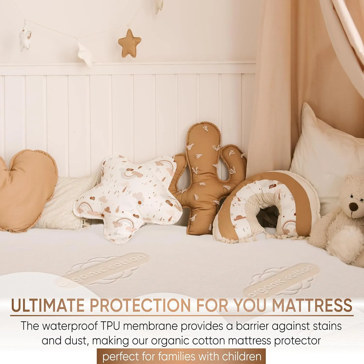 Deluxe Organic Waterproof Crib Mattress Pad - Organic Cotton Crib Mattress Protector for Baby and Toddler Beds - Breathable, Skin-Friendly, Premium 280GSM Knitted Jacquard, Jersey Cotton Skirt