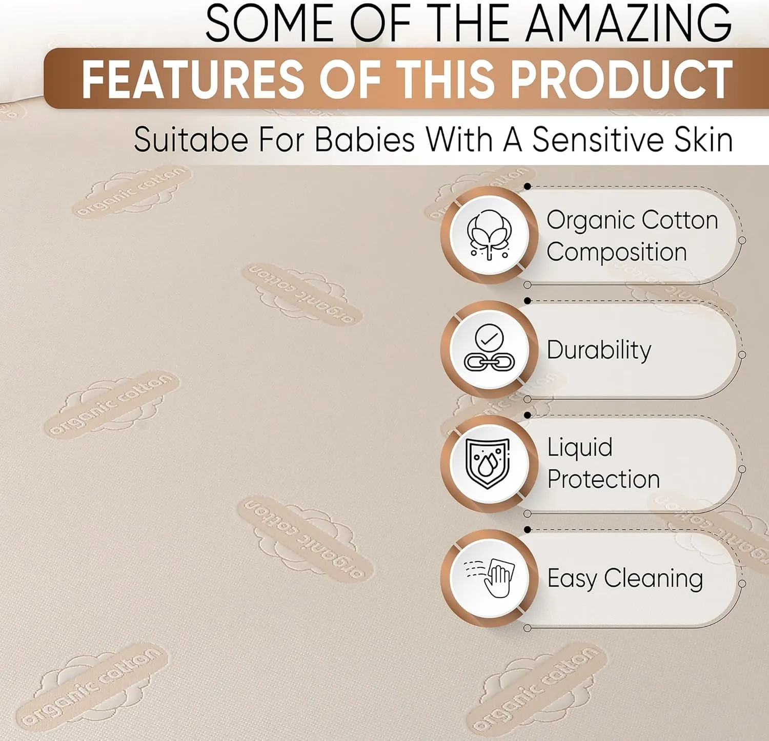 Deluxe Organic Waterproof Crib Mattress Pad - Organic Cotton Crib Mattress Protector for Baby and Toddler Beds - Breathable, Skin-Friendly, Premium 280GSM Knitted Jacquard, Jersey Cotton Skirt