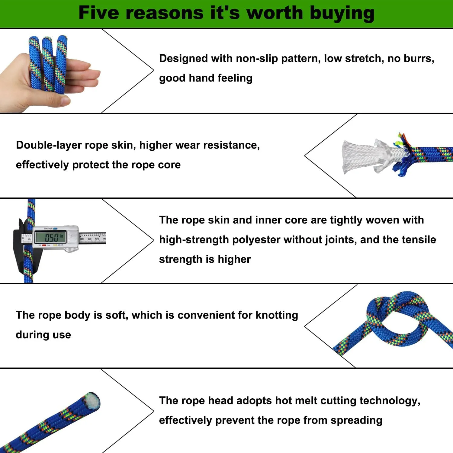 Double Braided Polyester Rope (1/2 in x 150 ft) Strong Arborist Rigging Rope 48 Strands for Tree Work Climbing Pulling Swing Sailing, Blue